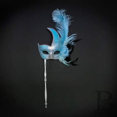Holding Stick Party Mask | Feather Masquerade Mask Silver Mint Blue M6131