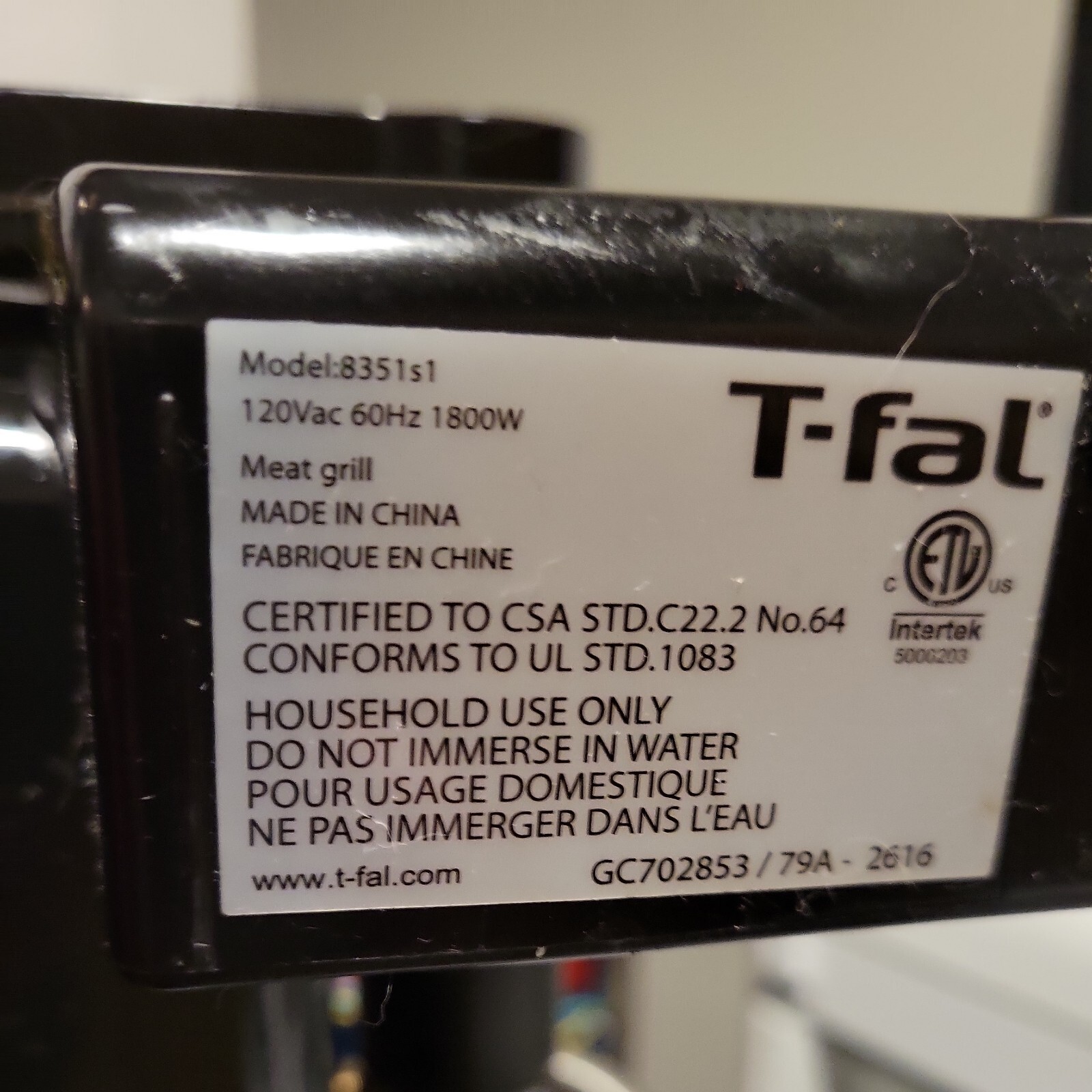 T-Fal 8351s1 Black Electric Automatic Sensor Opti Meat Grill --with Tray--