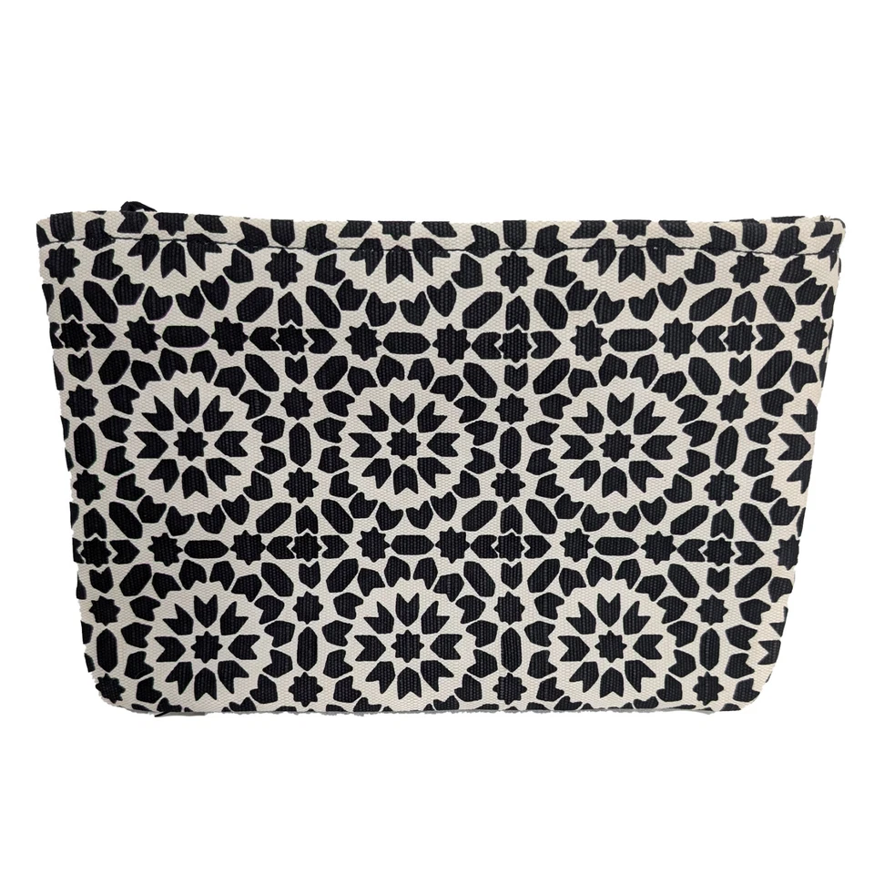Kate Spade Negro Blanco Estampado Geométrico Floral Mosaico Lazo Muñequera Top Cremallera Bolsa Foto 4 de 4