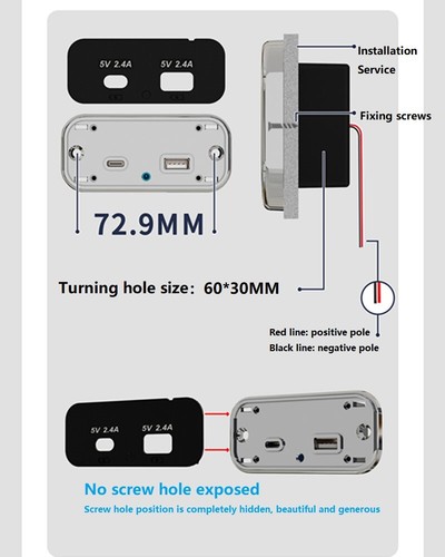 12V Auto Dual USB Typ C Ładowarka Gniazdo Światło Wbudowane Gniazdo do kampera Samochód - Zdjęcie 4 z 13