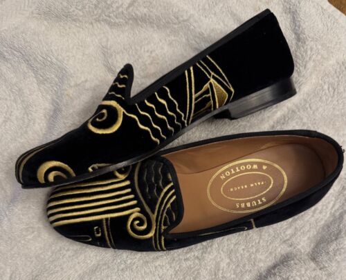 STUBBS & WOOTTON Black Velvet Loafers Slippers Gold Embroidery Size 7