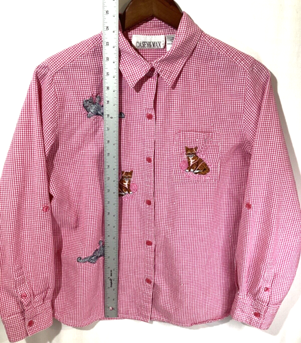 Casey&Max Kittens Woman’s Shirt Size M Plaid Pink/White Roll Tab Sleeve Cotton - Picture 10 of 11