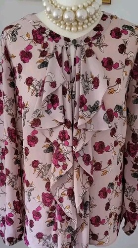 BIBA Pink Roses White Black Panther Top Shirt Blouse Ruffle Front & Cuffs UK8 - Picture 6 of 24