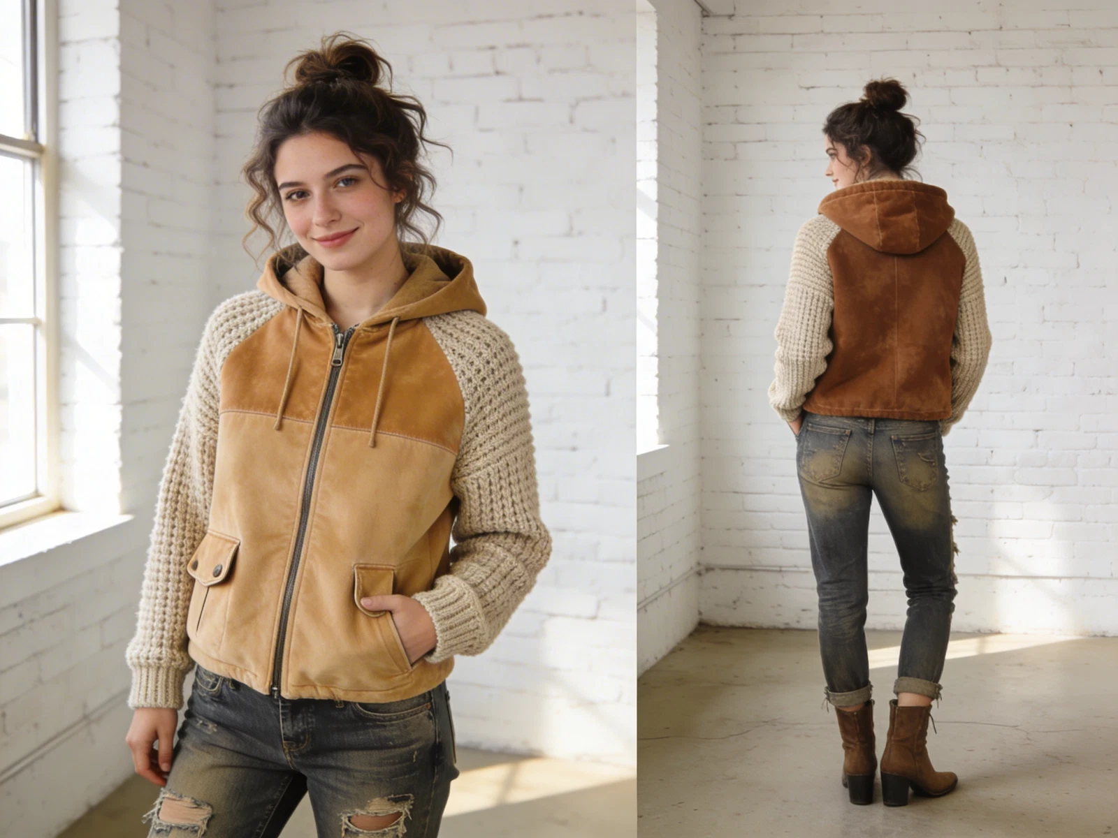 Vintage Tan Suede Knit Jacket Womens Large Hooded Zip Front Pocket Boho Retro