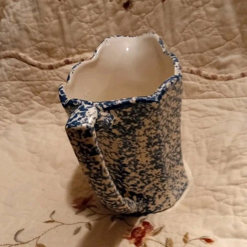 McCoy Blue White Speckled Ceramic Pitcher, Glossy Pottery, 6 in Tall, Handle
