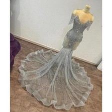 Silver Diamond Mermaid Evening Dresses Crystal Gillter Birthday Prom Gown