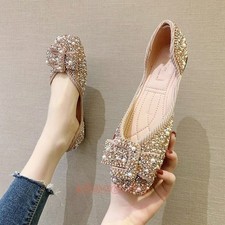 Womens Bow Sequins Bling Crystal Flats Square Toe Ballet Shoes Casual Slip On