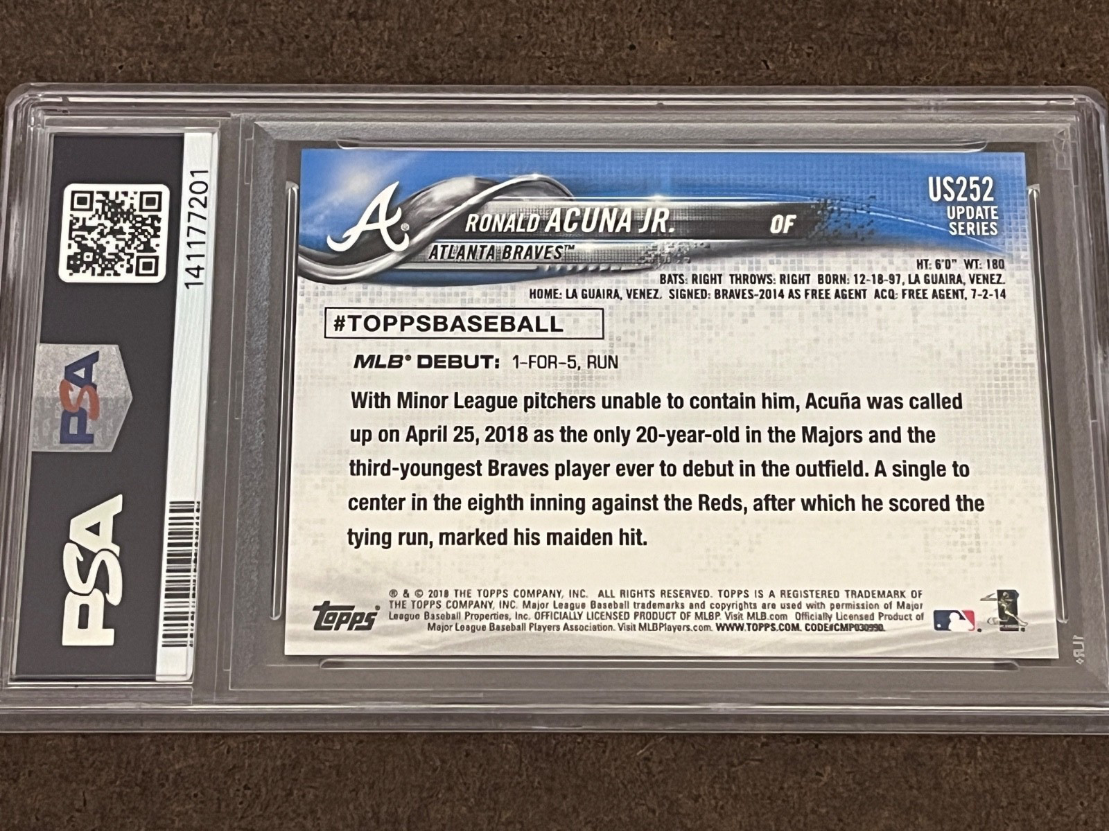 2018 Topps Update - #US252 Ronald Acuna Jr (RC) Braves GEM MT PSA 10 (Set Break) view 4
