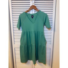 GAP Green V Neck Tiered Pocket Dress XXS Casual Everyday Comfort Short Sleeve