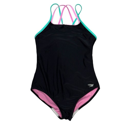 Speedo Big Girls Cross Back One Piece Swimsuit Black Size 14 Teal Pink Black - Imagen 7 de 11