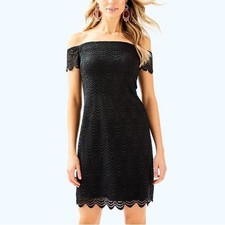 Scalloped shell lace jade shift dress sz XS black stretch off the shoulder EUC