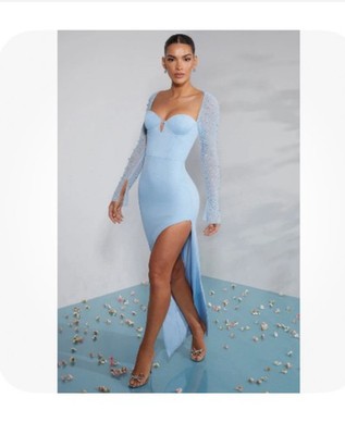 OH POLLY San Marino Embellished Side Split Maxi Dress Sz 4 Light Blue
