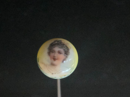 Antique Victorian Edwardian Porcelain Portrait Hat Pin 8" c1900 Lady Ball
