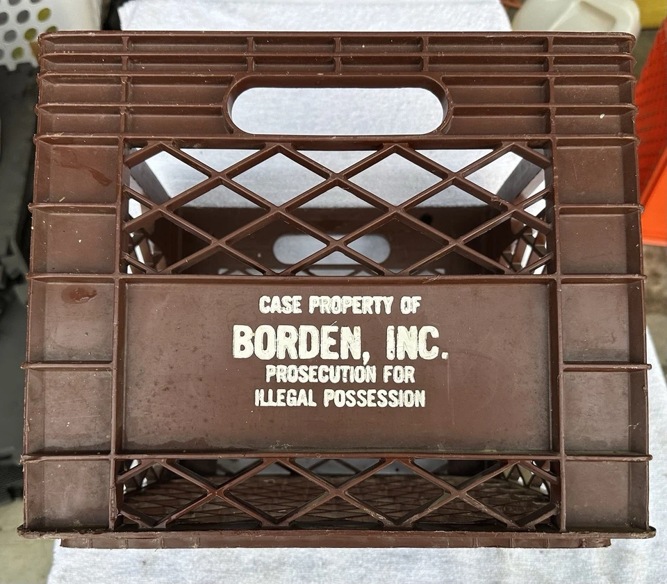 Caja de almacenamiento de botellas de leche marrón de plástico vintage Borden Foods Dairy Farm Foto 2 de 4