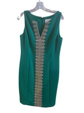 Pappagallo Kelly Green Sheath Dress Size 6 Gold Lace Embroidery Classic Preppy