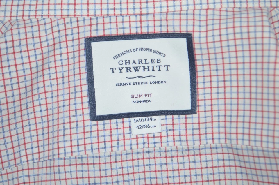Camisa de vestir CHARLES TYRWHITT ajustada sin hierro roja azul a cuadros de algodón 16,5-34 Foto 3 de 4