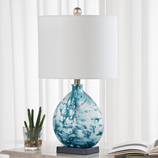Dimmable 24" Coastal Blue Glass Table Lamp with White Shade for Bedroom  Living