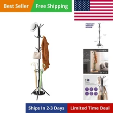 Freestanding Coat Rack with Umbrella Holder, 12 Hooks for Entryway, Hallway
