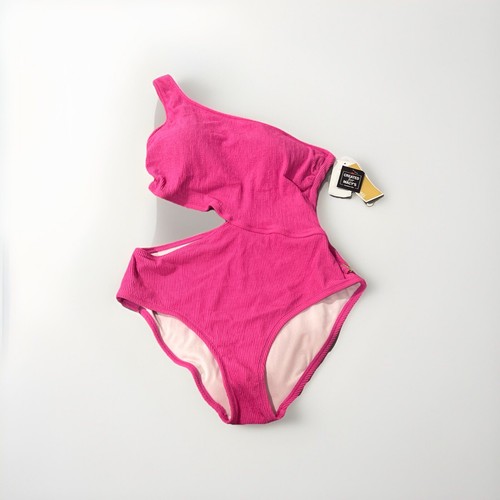 MICHAEL Michael Kors Women's Ribbed One-Shoulder Side-Cutout Swimsuit Pink 14 - Picture 4 of 6