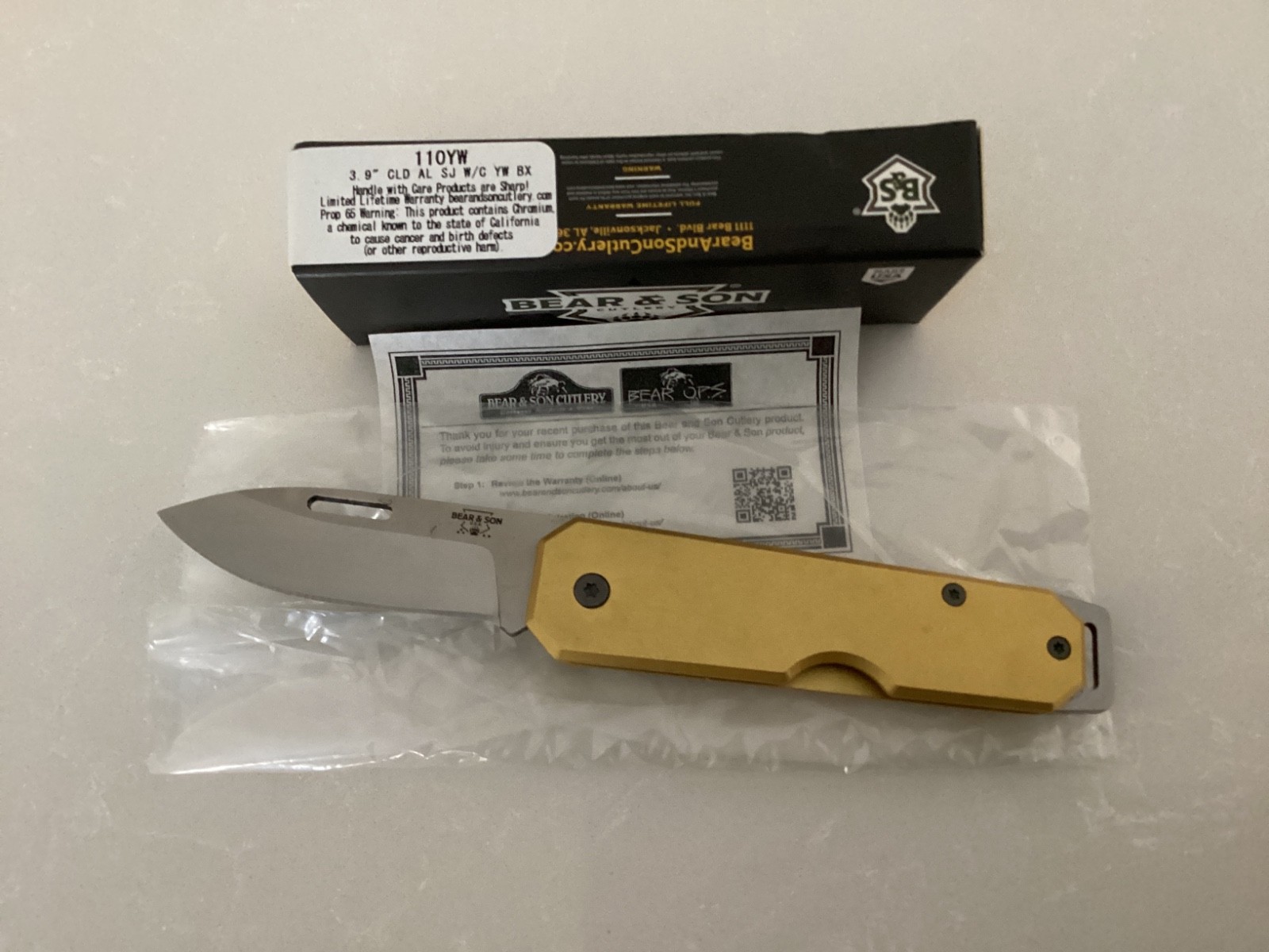 Bear & Son Knife 110YW Slip Joint Knife  Yellow Aluminum Handle *NEW*
