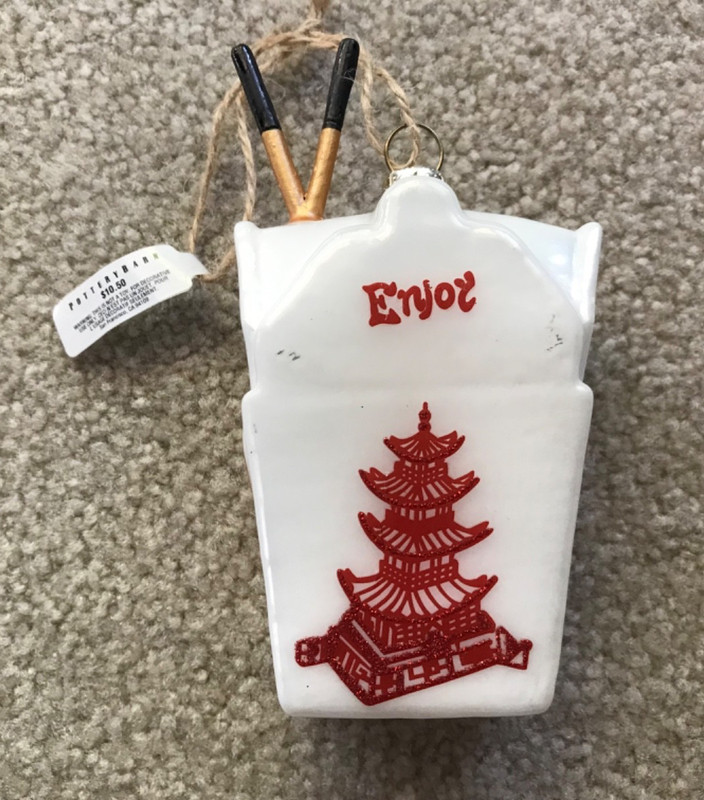 VINTAGE POTTERY BARN TAKE OUT CHINESE FOOD BOX CHRISTMAS ORNAMENT w/CHOPSTICKS