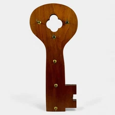 Handmade Wooden Wall Key Rack Holder Large Vintage Key Shape w/ Hooks