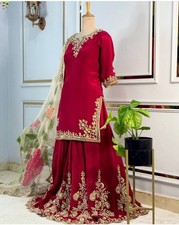 Presenting Pure Chinon Silk Maroon Top Palazzo With Dupatta For Wedding