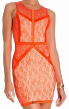 NWT bebe Orange coral Floral Overlay Lace cutout Sleeveless top dress XL X L 12