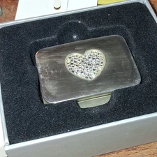 THINGS REMEMBERED SILVER TONE PILL BOX HEART & SEQUINS DESIGN 2 1/4" W/ ORG BOX