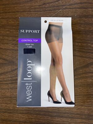 West Loop Silky Sheer Control Top Sheer Toe Jet Black Pantyhose size B