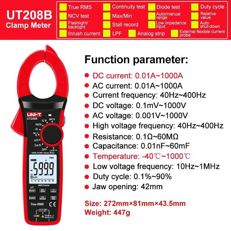 UNI-T UT208B TRMS Digital Clamp Meter NCV Multimeter 1000A Inrush LoZ ACV LPF Te - Image 3 of 4