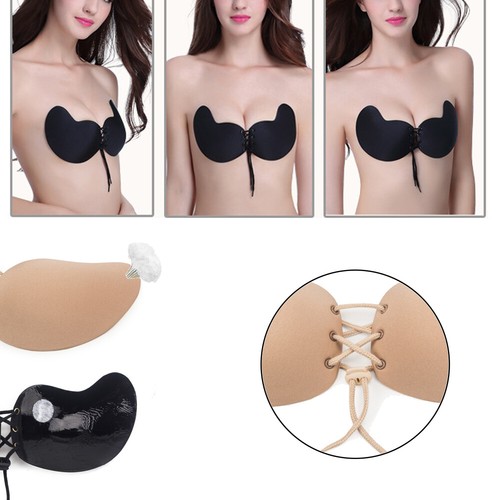 Women's Strapless Invisible Bra Backless Self-Adhesive Push Up Bras Black Nude - Picture 9 of 29