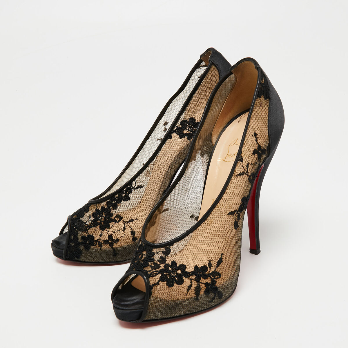 Christian Louboutin Black Lace and Satin Fetilo Peep-Toe Christian Louboutin Black Lace and Satin Fetilo Peep-Toe