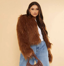 Pretty Little Thing Plus Chocolate Brown Faux Fur Shaggy Cropped Jacket Size 22
