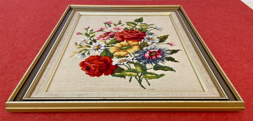 Vintage Cross-Stitch Tapestry w Floral Bouquet Pattern Wall Hanging Flower Art - Picture 5 of 13