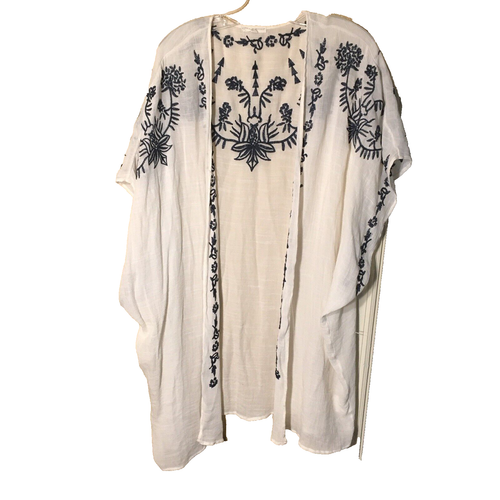 Coco + Jaimeson Womens Sz Large Open Front Caftan/Kimono Navy Embroidery Gauzy
