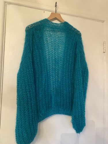 VTG Open Knit Wool Mohair Yarn Cardigan Unisex Genderless Camp Hipster Teal Grn - Picture 2 of 14