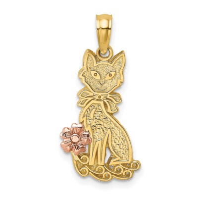 14k Two-tone Gold Sitting Cat with Bow and Flower Charm Pendant for Mom