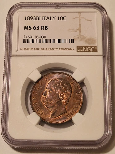 Italy Umberto I 1893 BI 10 Centesimi MS63 RB NGC