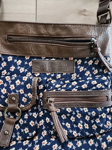 American Eagle Crossbody Blue Boho Floral Purse Zip Closure With Brown Leather - Picture 2 of 10