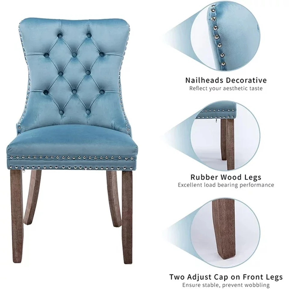 Juego de Silla de Comedor de Terciopelo Copetuda Cocina Respaldo Alto Tapizada Habitación con Pata de Madera Foto 4 de 4