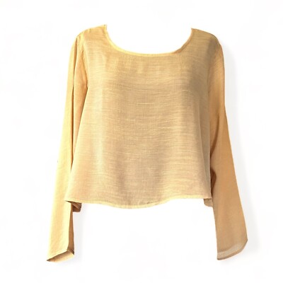 Women s 4XL Long Sleeve Crop Top Crinkle Texture Yellow Round Neck Unbranded
