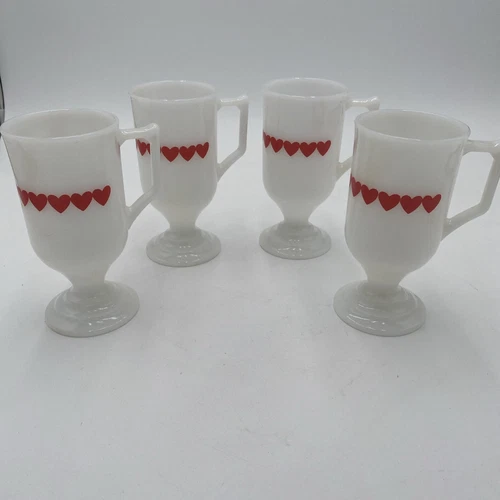 VIntage Federal  Pedestal Footed White Milk Glass Coffee Mug Red Hearts set 4
