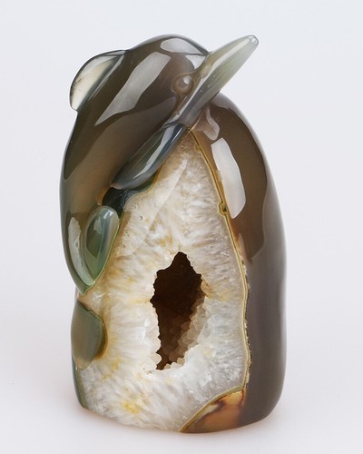 757g 5,1" Geode Naturale Agata Quarzo Cristallo Intaglio Delfino Intagliato a Mano 0127 - Foto 1 di 8