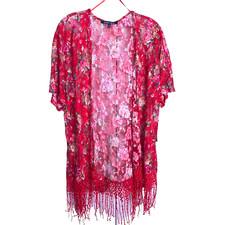 SweetRain Womens NWT Kimono with Fringe Size M Red Floral Print Boho Dark Fairy