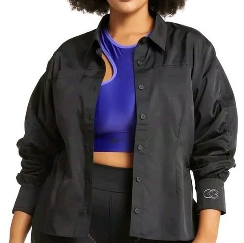 Reebok Cardi B lang geraffte Ärmel schwarz Knopfleiste Shirt Damen Übergröße 1X - Bild 2 von 15