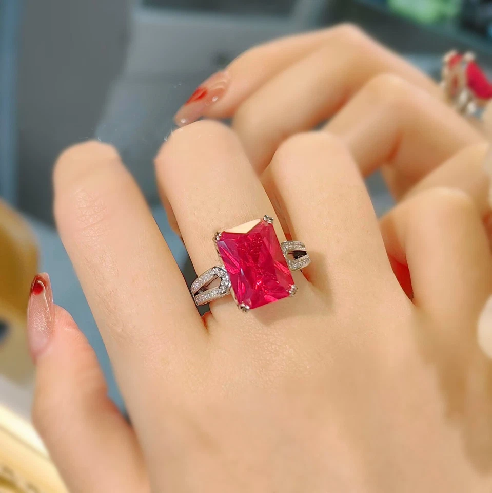 Novo anel de prata feminino retangular de 14 mm pedra preciosa corindo vermelha joia de festa de luxo - Imagem 3 de 4