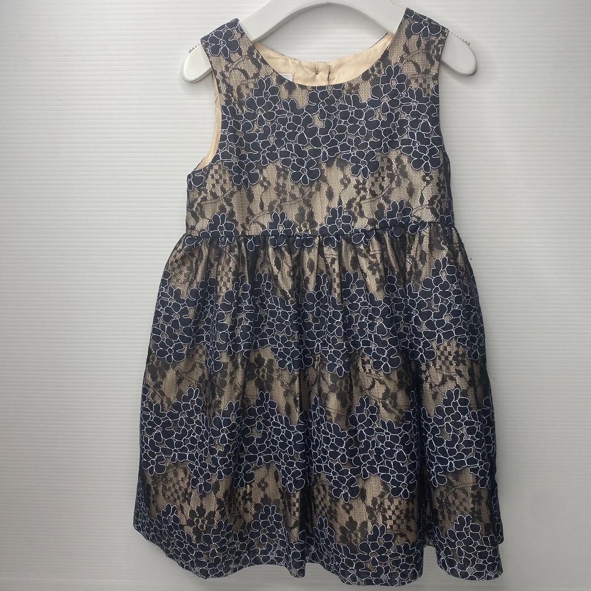 Girls Size 4 Frais Dress Navy Blue Floral Black Lace Party Photo Wedding Formal