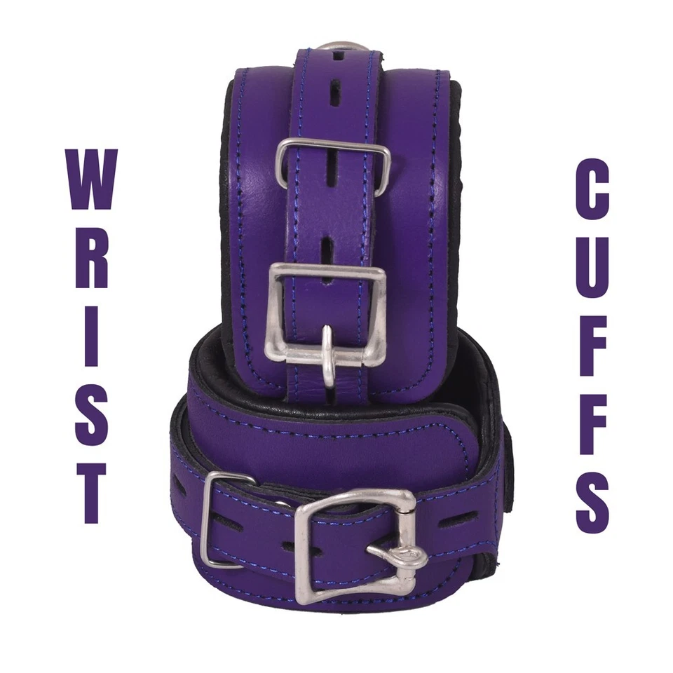 Juego de sujeción de cuello y puños muslos tobillo muñeca cuero real grueso negro 7 piezas Foto 2 de 4