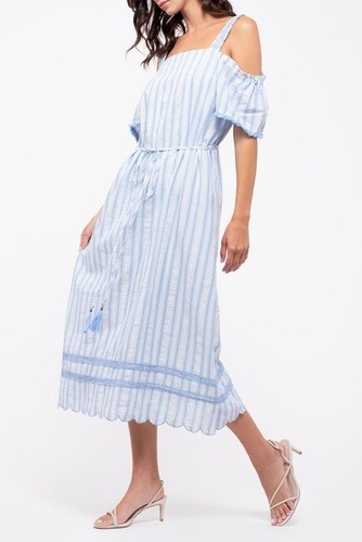 MOON RIVER Blue White Striped Cold Shoulder Belt Tie Waist Cotton Dress L 10/12 - Picture 3 of 4